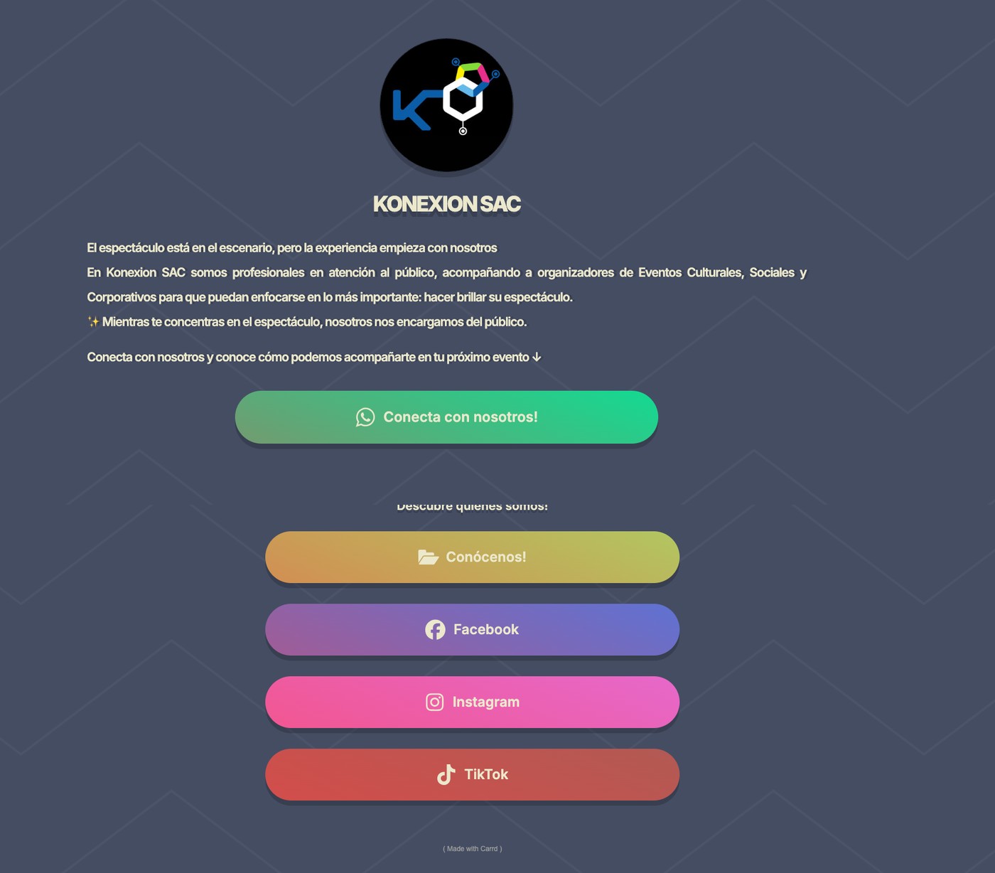 Página anterior de Konexion SAC creada en Carrd